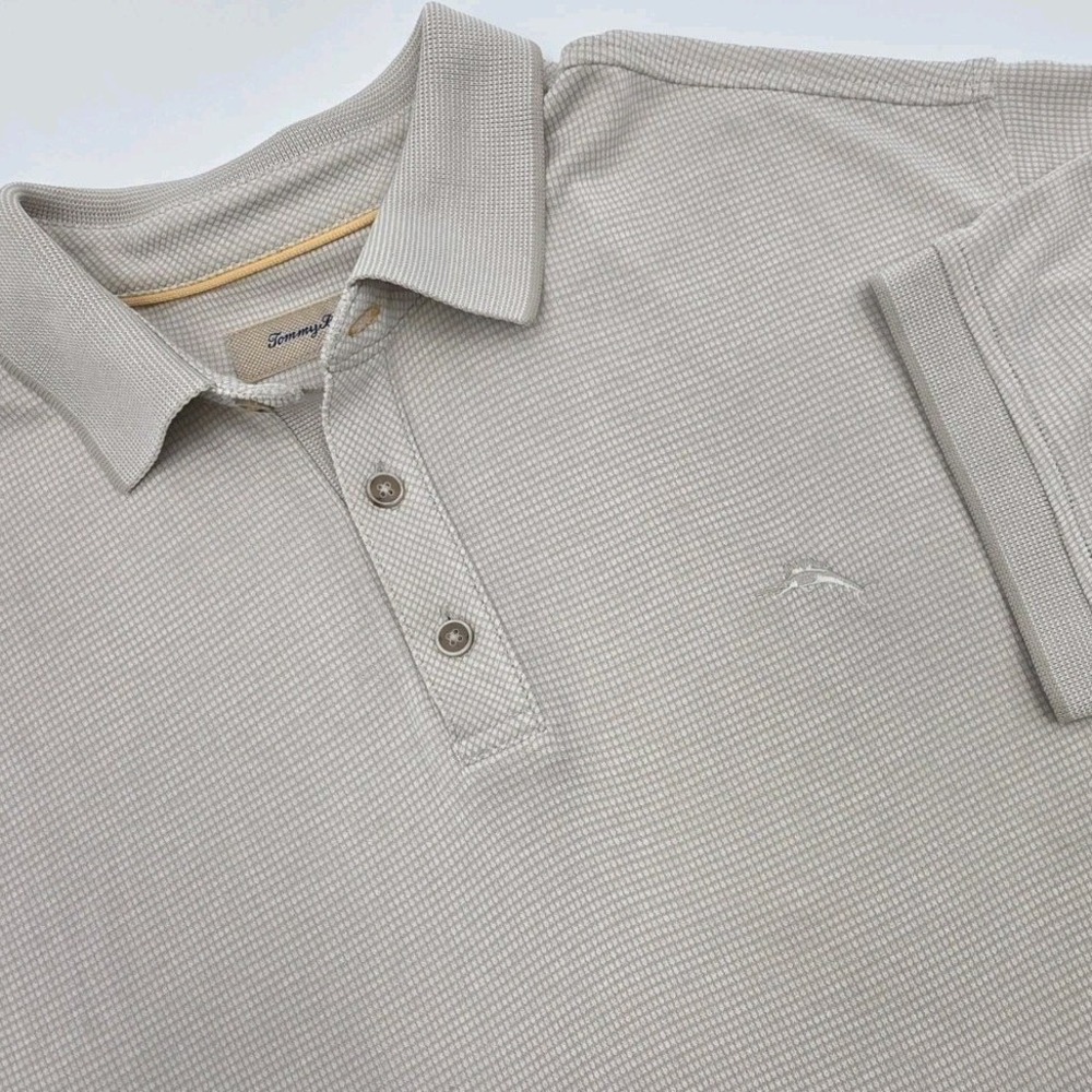 TOMMY BAHAMA POLO MENS LARGE TAN BEIGE CHECKED MODAL COMFORT EMBROIDED LOGO EUC